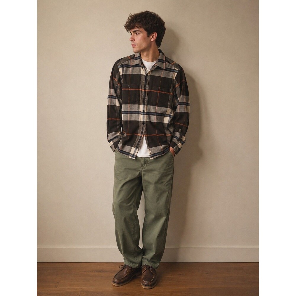NOAH NYC Flannel Lighweight Brown Plaid Lumberjack Double Pocket Shirt  USA Sz M